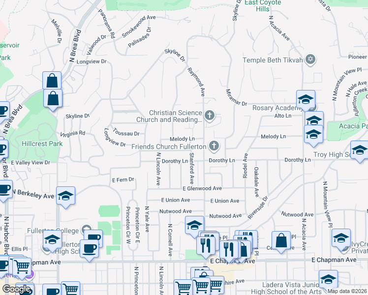 map of restaurants, bars, coffee shops, grocery stores, and more near 1027 Harmony Lane in Fullerton