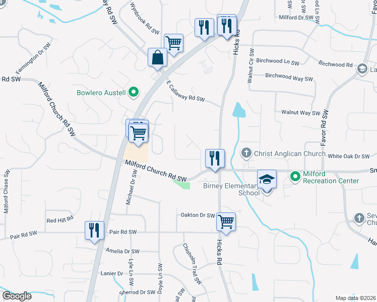 map of restaurants, bars, coffee shops, grocery stores, and more near 1005 Hicksmil Court Southwest in Marietta