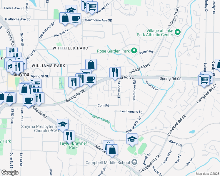 map of restaurants, bars, coffee shops, grocery stores, and more near 506 Spring Heights Lane in Smyrna