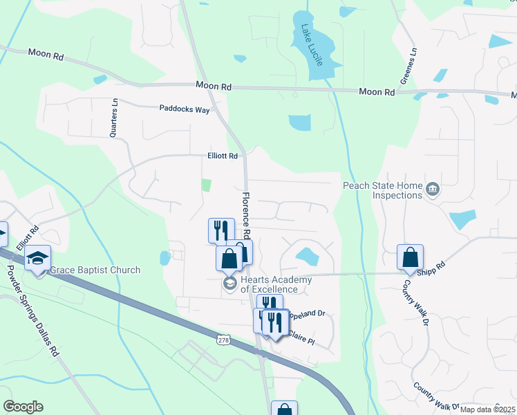 map of restaurants, bars, coffee shops, grocery stores, and more near 5195 Glendora Drive in Powder Springs
