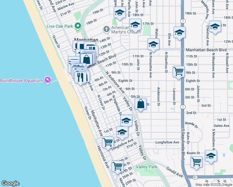 map of restaurants, bars, coffee shops, grocery stores, and more near 517 6th Street in Manhattan Beach