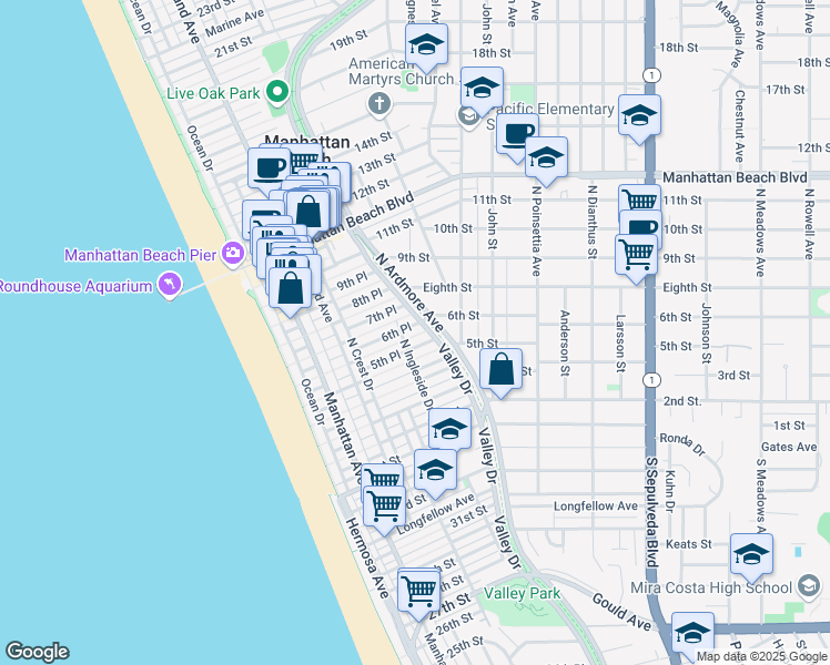 map of restaurants, bars, coffee shops, grocery stores, and more near 517 6th Street in Manhattan Beach