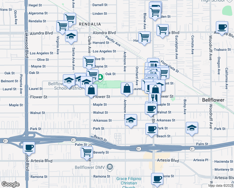 map of restaurants, bars, coffee shops, grocery stores, and more near 9545 Flower Street in Bellflower