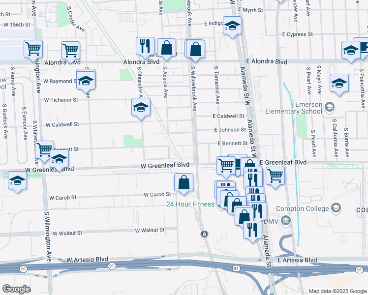 map of restaurants, bars, coffee shops, grocery stores, and more near 118 West Bennett Street in Compton