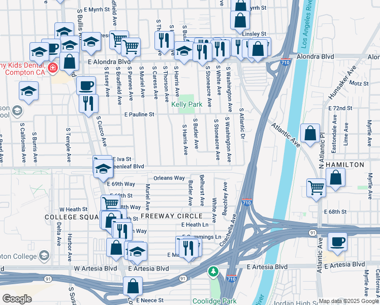 map of restaurants, bars, coffee shops, grocery stores, and more near 16702 South Harris Avenue in East Compton