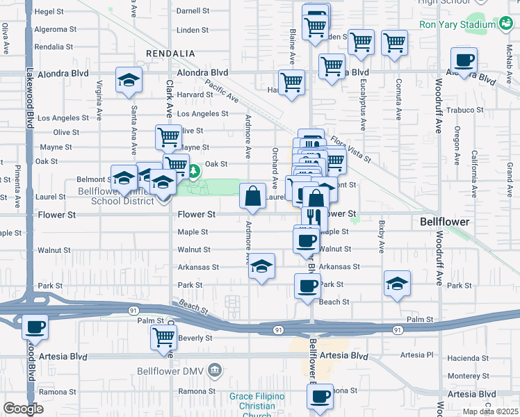 map of restaurants, bars, coffee shops, grocery stores, and more near 9617 Flower Street in Bellflower