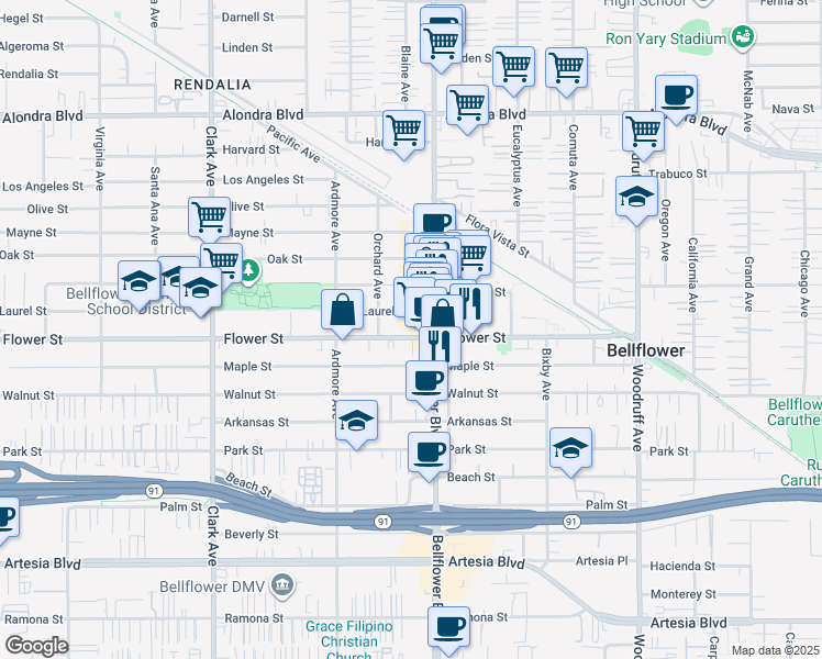 map of restaurants, bars, coffee shops, grocery stores, and more near 9700-9746 Flower Street in Bellflower