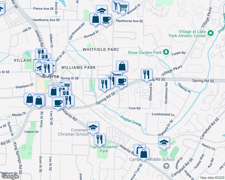 map of restaurants, bars, coffee shops, grocery stores, and more near 1641 Spring Road Southeast in Smyrna