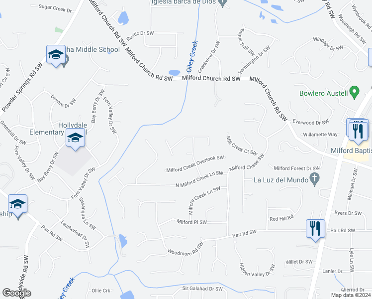 map of restaurants, bars, coffee shops, grocery stores, and more near 1802 Milford Way Southwest in Marietta