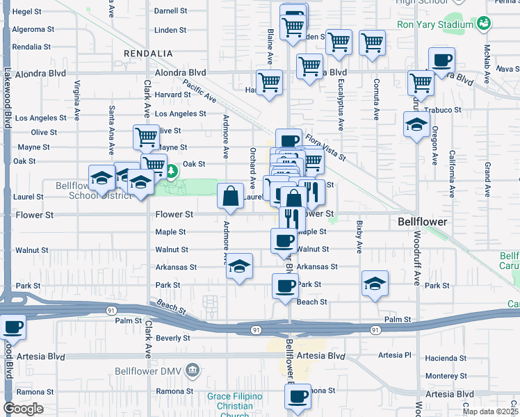 map of restaurants, bars, coffee shops, grocery stores, and more near 9700-9746 Flower Street in Bellflower