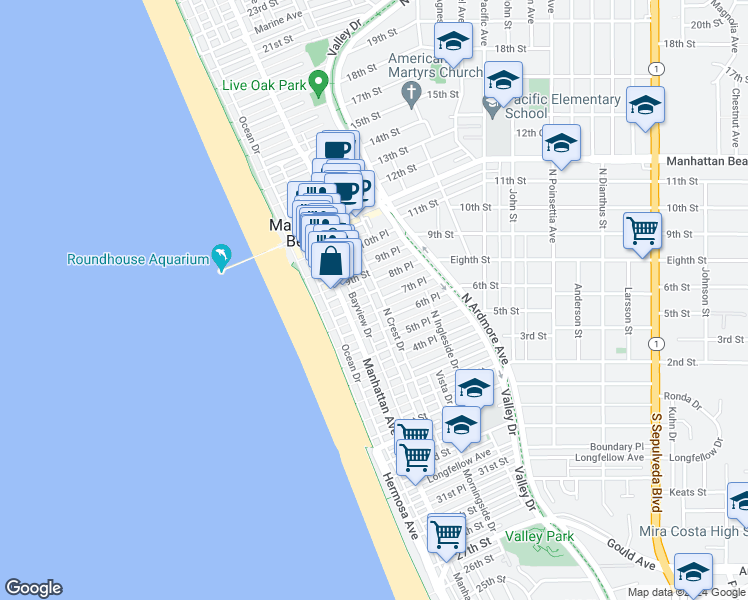 map of restaurants, bars, coffee shops, grocery stores, and more near 712 Highland Avenue in Manhattan Beach