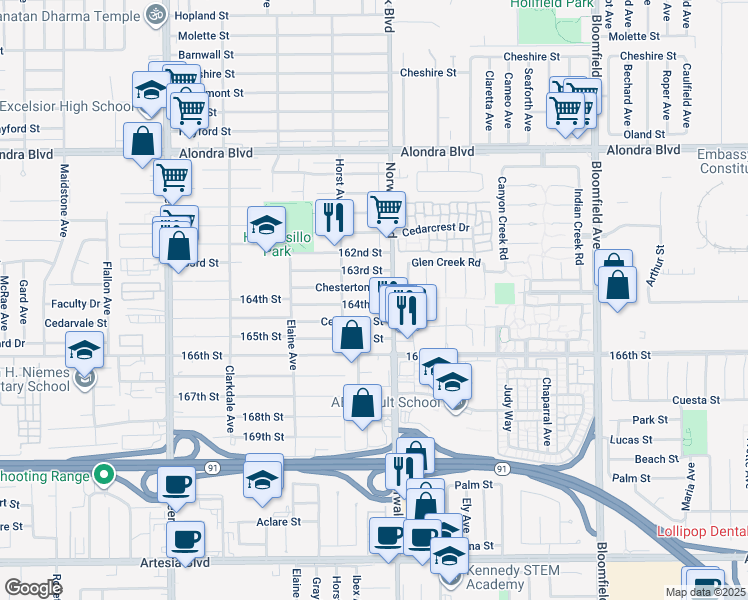 map of restaurants, bars, coffee shops, grocery stores, and more near 12126 164th Street in Norwalk
