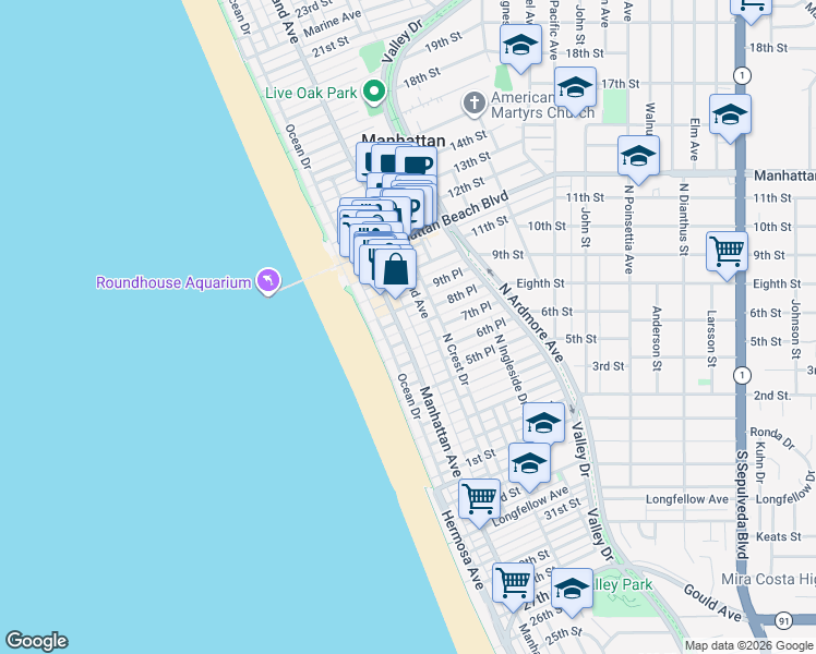 map of restaurants, bars, coffee shops, grocery stores, and more near 221 7th Place in Manhattan Beach