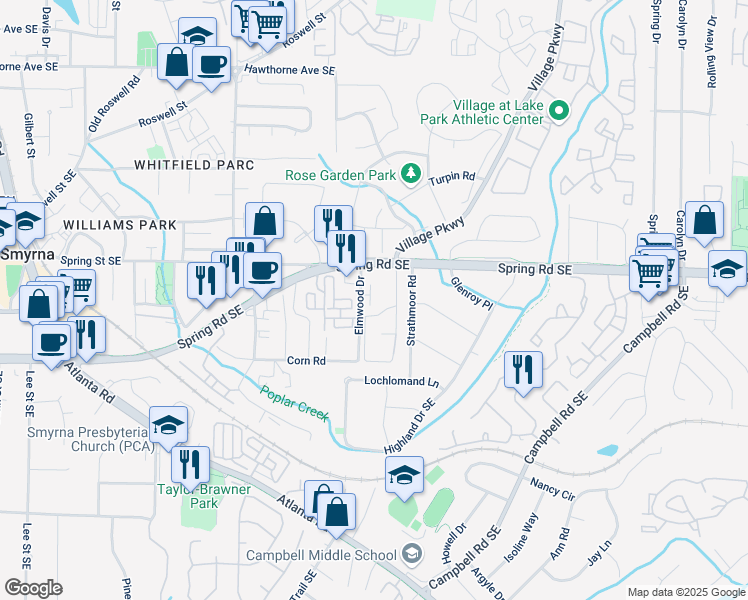 map of restaurants, bars, coffee shops, grocery stores, and more near 3028 Pruitt Lane in Smyrna