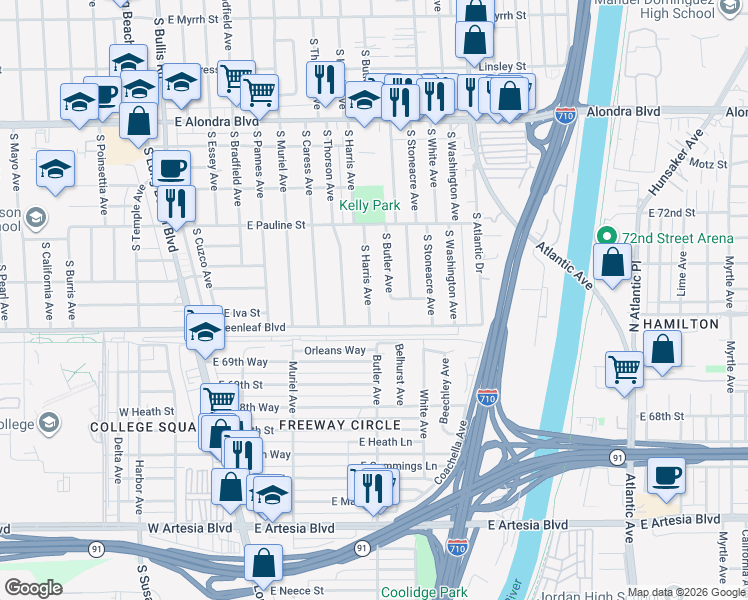 map of restaurants, bars, coffee shops, grocery stores, and more near 16702 South Harris Avenue in East Compton
