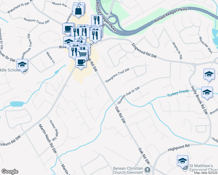 map of restaurants, bars, coffee shops, grocery stores, and more near 1071 Oak Road Southwest in Lilburn