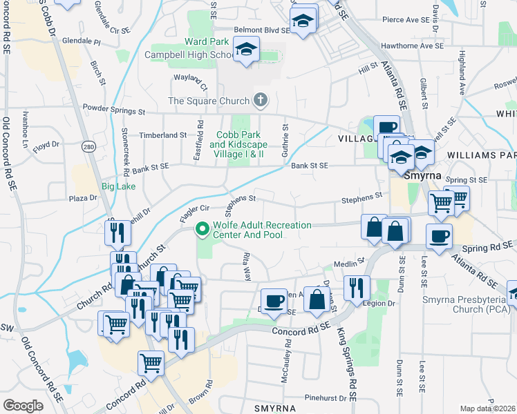 map of restaurants, bars, coffee shops, grocery stores, and more near 985 Church Street in Smyrna