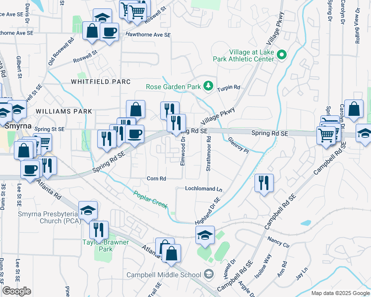 map of restaurants, bars, coffee shops, grocery stores, and more near 2893 Elmwood Drive in Smyrna