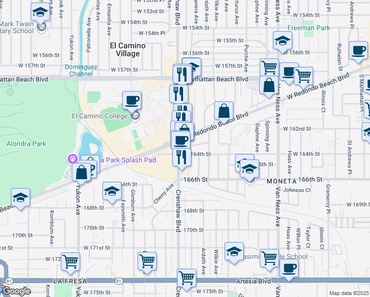 map of restaurants, bars, coffee shops, grocery stores, and more near 16300 Crenshaw Boulevard in Torrance