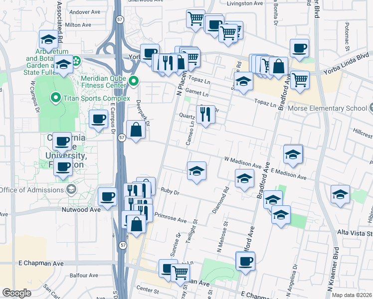 map of restaurants, bars, coffee shops, grocery stores, and more near West Madison Avenue in Fullerton