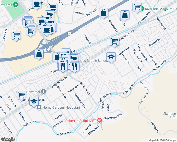 map of restaurants, bars, coffee shops, grocery stores, and more near 12986 Via Napoi in Riverside