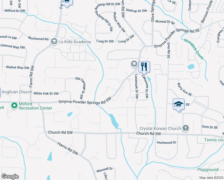map of restaurants, bars, coffee shops, grocery stores, and more near 209 Courtland Oaks Drive Southwest in Marietta