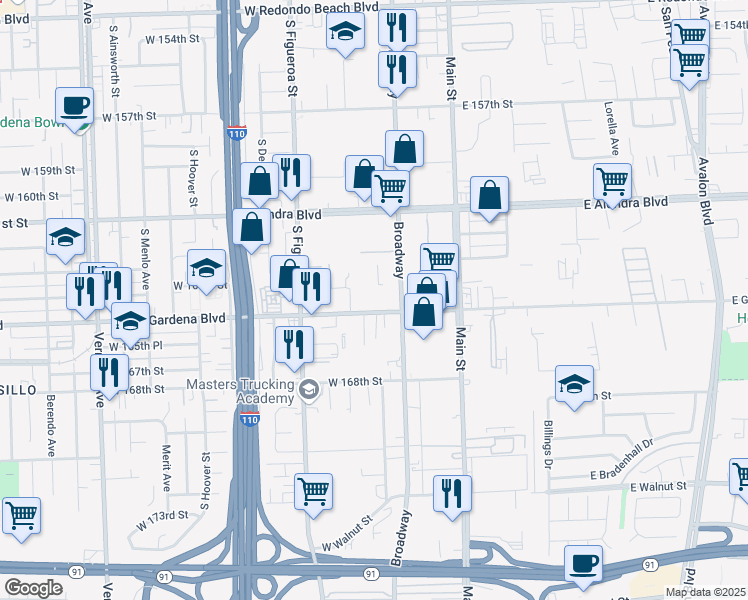 map of restaurants, bars, coffee shops, grocery stores, and more near 333 West Gardena Boulevard in Gardena