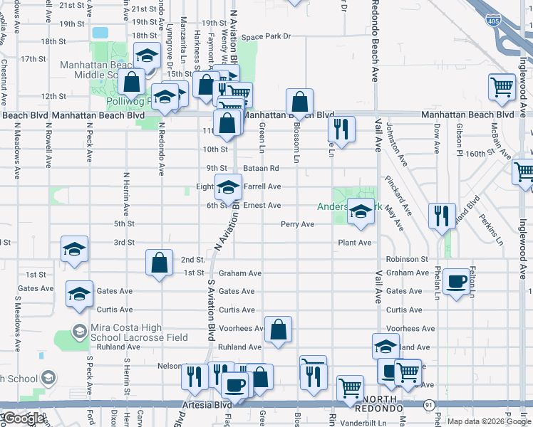 map of restaurants, bars, coffee shops, grocery stores, and more near 3006 Green Lane in Redondo Beach