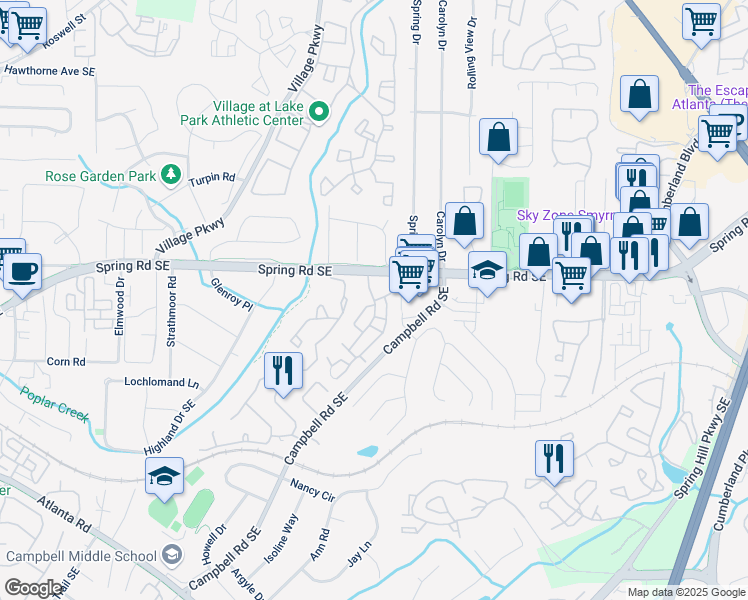 map of restaurants, bars, coffee shops, grocery stores, and more near 705 Country Park Drive in Smyrna