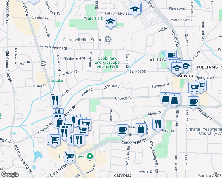 map of restaurants, bars, coffee shops, grocery stores, and more near 985 Church Street in Smyrna