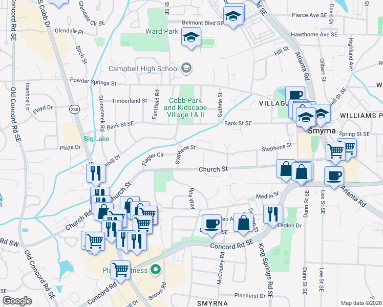 map of restaurants, bars, coffee shops, grocery stores, and more near 108 Madison Court in Smyrna