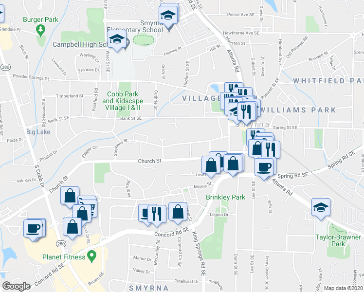 map of restaurants, bars, coffee shops, grocery stores, and more near 1130 Stephens Street in Smyrna