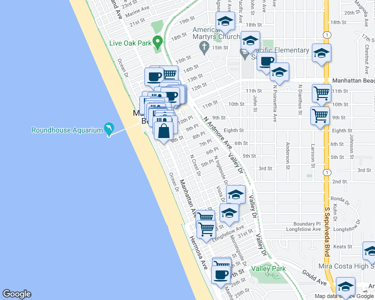 map of restaurants, bars, coffee shops, grocery stores, and more near 712 Highland Avenue in Manhattan Beach
