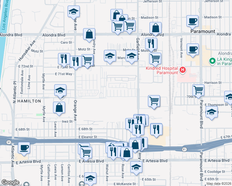 map of restaurants, bars, coffee shops, grocery stores, and more near 16707 Garfield Avenue in Paramount