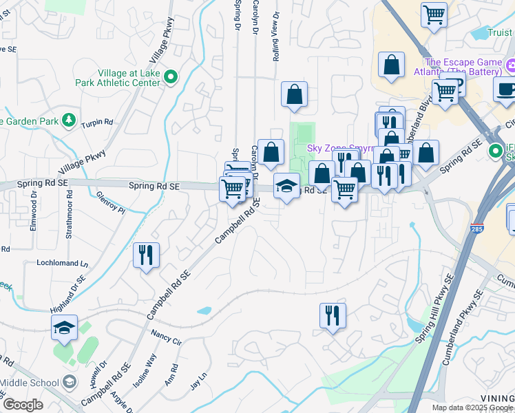 map of restaurants, bars, coffee shops, grocery stores, and more near 2340 Campbell Road Southeast in Smyrna