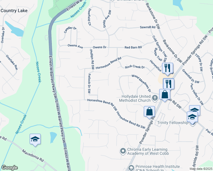 map of restaurants, bars, coffee shops, grocery stores, and more near 2970 Forelock Place in Marietta