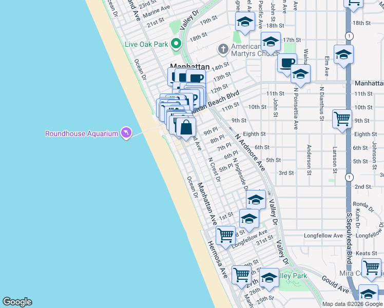 map of restaurants, bars, coffee shops, grocery stores, and more near 800 Manhattan Avenue in Manhattan Beach
