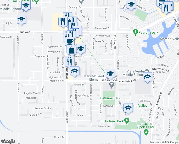 map of restaurants, bars, coffee shops, grocery stores, and more near 16427 Saddlebrook Lane in Moreno Valley