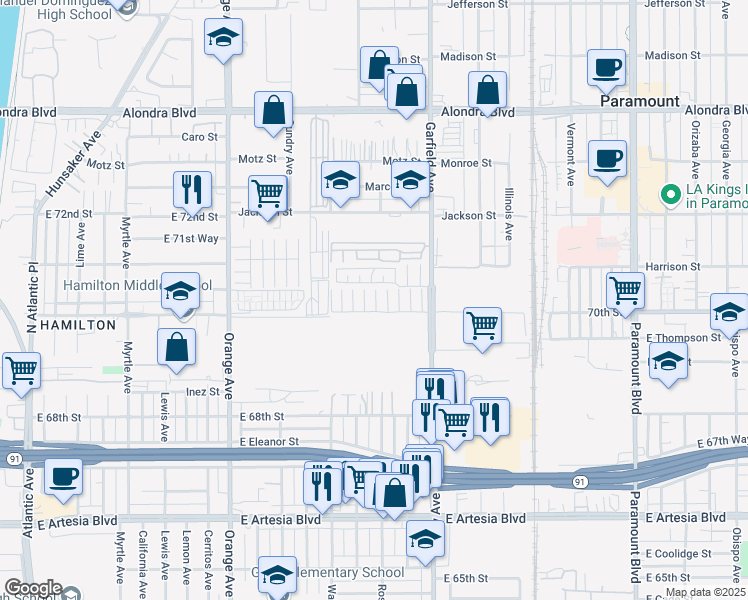 map of restaurants, bars, coffee shops, grocery stores, and more near 16707 Garfield Avenue in Paramount