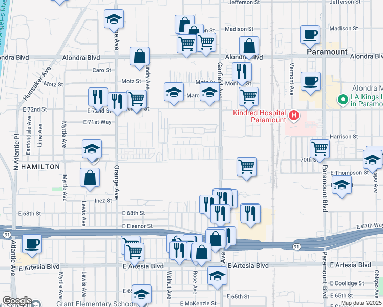 map of restaurants, bars, coffee shops, grocery stores, and more near 16707 Garfield Avenue in Paramount