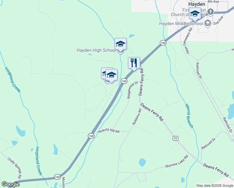 map of restaurants, bars, coffee shops, grocery stores, and more near 4111 Alabama 160 in Hayden