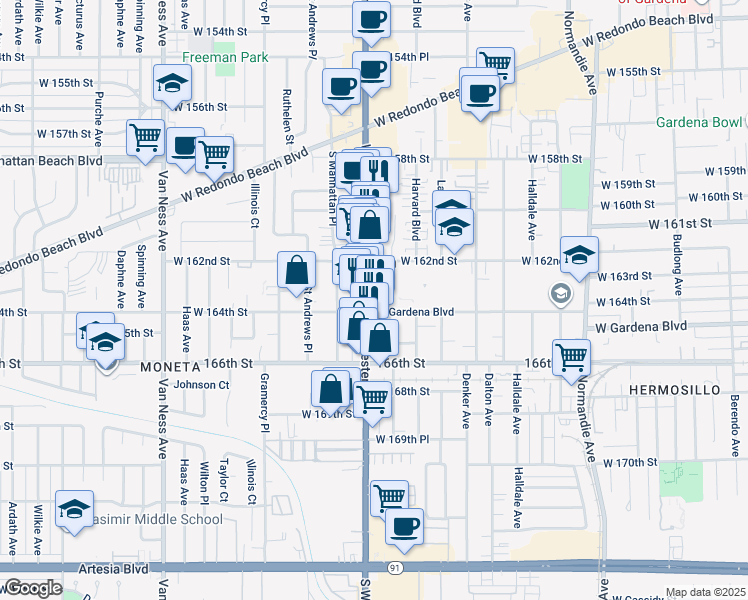 map of restaurants, bars, coffee shops, grocery stores, and more near 16321 South Western Avenue in Gardena