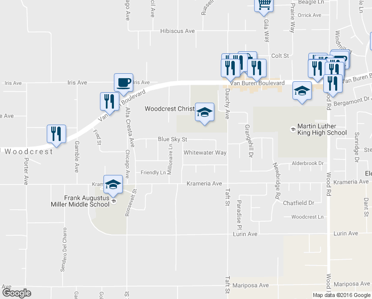 map of restaurants, bars, coffee shops, grocery stores, and more near 18317 Whitewater Way in Riverside
