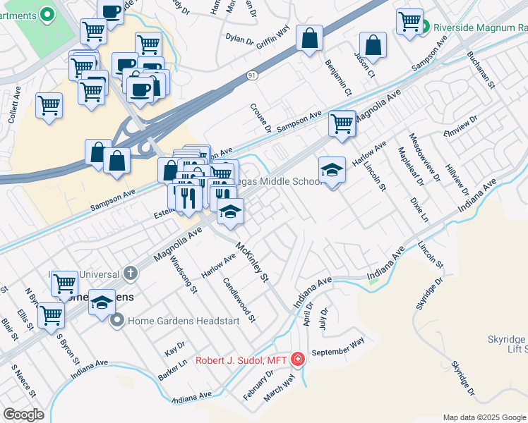 map of restaurants, bars, coffee shops, grocery stores, and more near 3707 Calle Curacso in Riverside