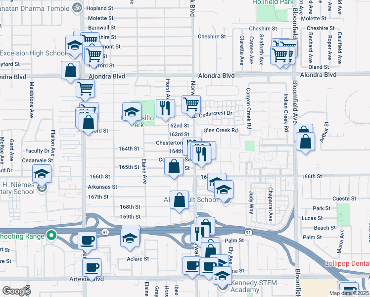 map of restaurants, bars, coffee shops, grocery stores, and more near 12126 164th Street in Norwalk