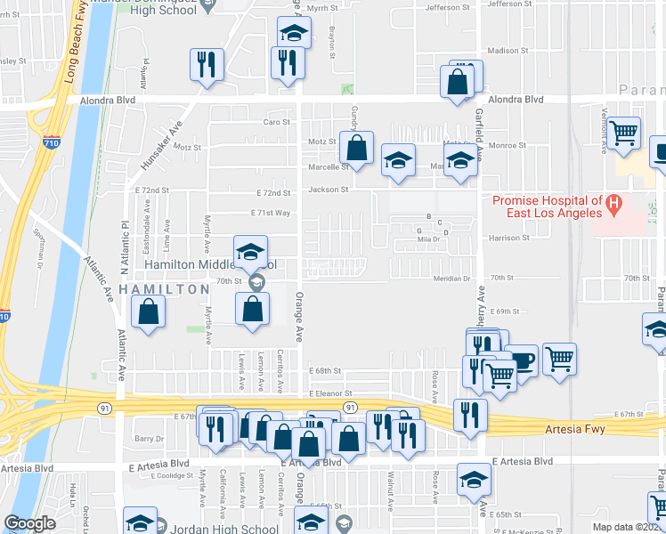 map of restaurants, bars, coffee shops, grocery stores, and more near Unnamed Road in Paramount