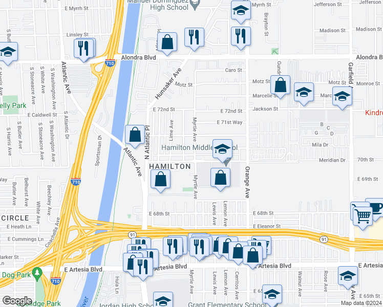 map of restaurants, bars, coffee shops, grocery stores, and more near 831 70th Street in Long Beach