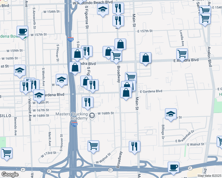 map of restaurants, bars, coffee shops, grocery stores, and more near 332 West Gardena Boulevard in Gardena