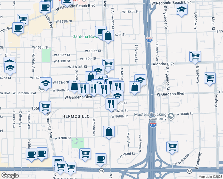 map of restaurants, bars, coffee shops, grocery stores, and more near 1003 West Gardena Boulevard in Gardena