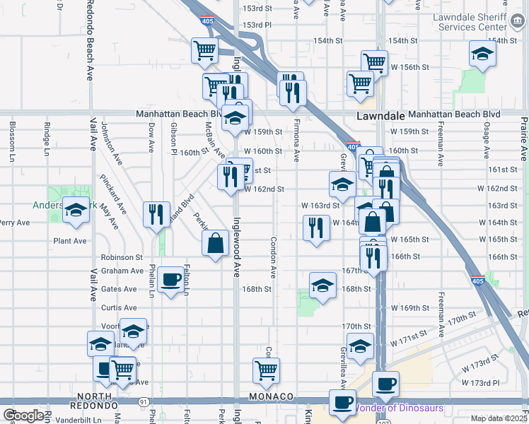 map of restaurants, bars, coffee shops, grocery stores, and more near 4703 West 164th Street in Lawndale